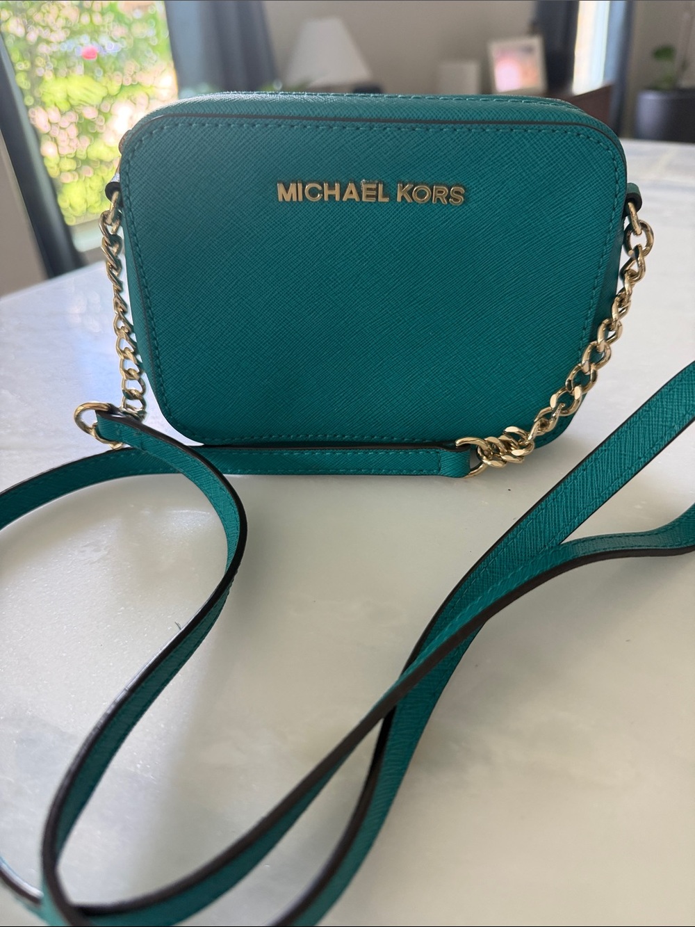 Michael Kors Teal Saffiano Leather Crossbody with Gold Chain